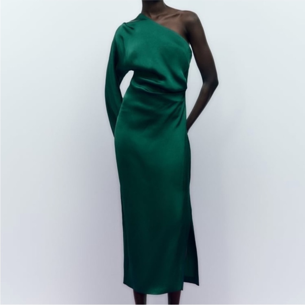 Zara Elegant Green One-Shoulder Dress - Picture 2 of 9